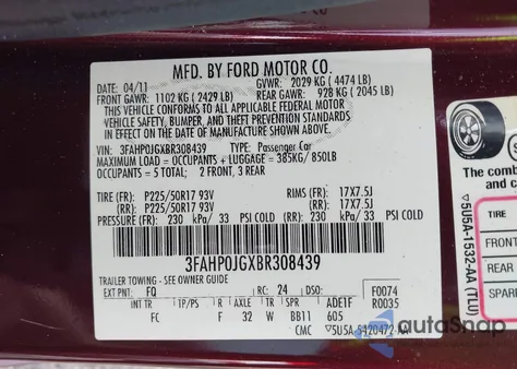 2011 Ford Fusion Sel z USA, uszkodzony, nr VIN 3FAHP0JGXBR308439